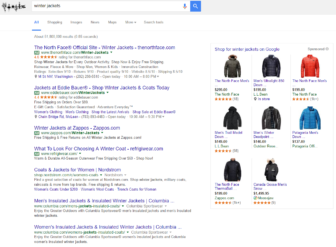 Website page shows google search results for winter jackets. List of websites for winter jackets and quick links for purchasing on the right hand side.